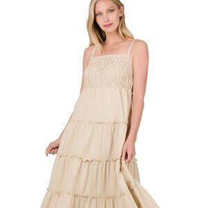ZENANA PREMIUM SAND BEIGE WOVEN SMOCKED TOP TIERED LARGE CAMI MAXI DRESS